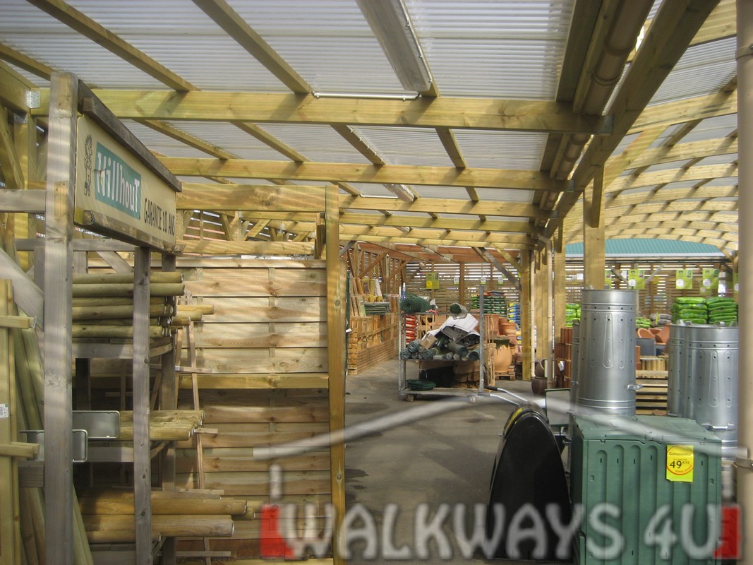 Custom commercial wood buildings from laminated wood. Covered walkways