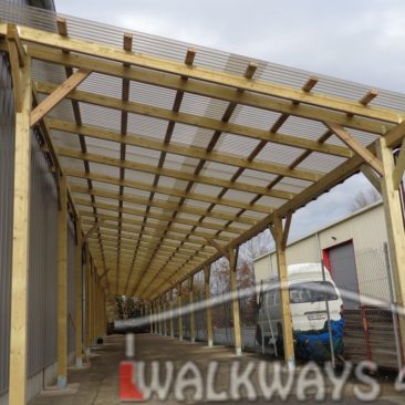 Custom built commercial buildings. Constructions from laminated wood. Covered walkways. 