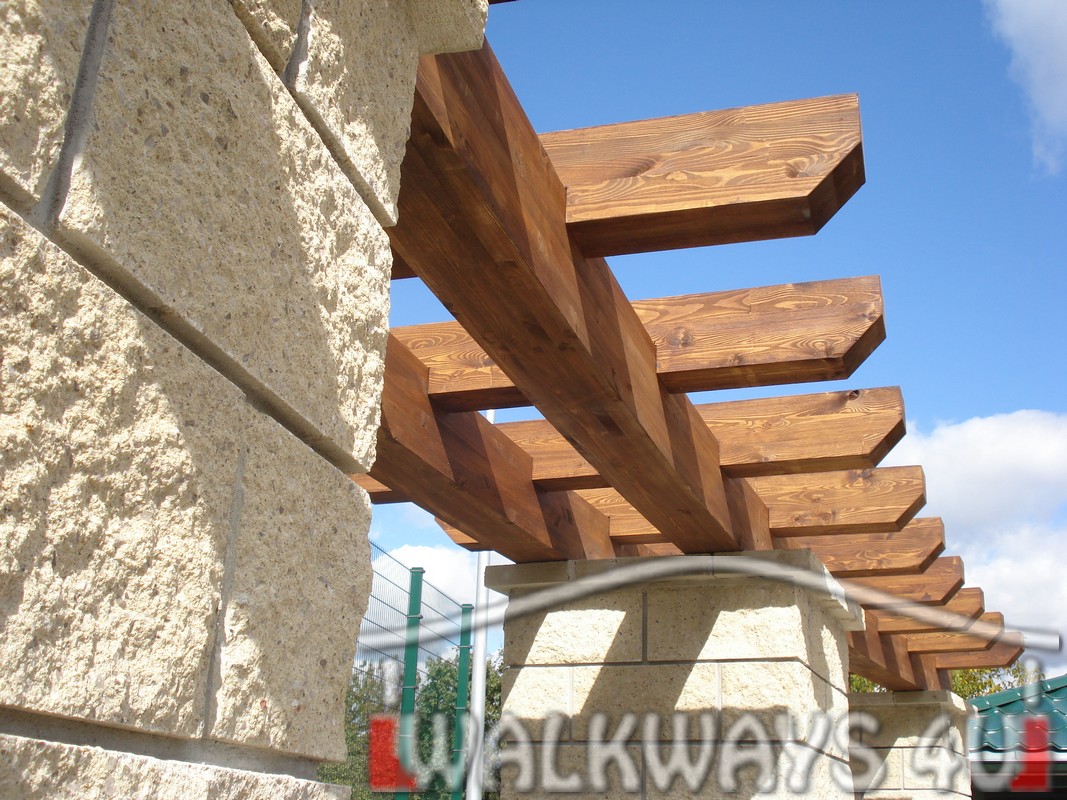 Wooden pergola constructions from laminated wood, covered walkways