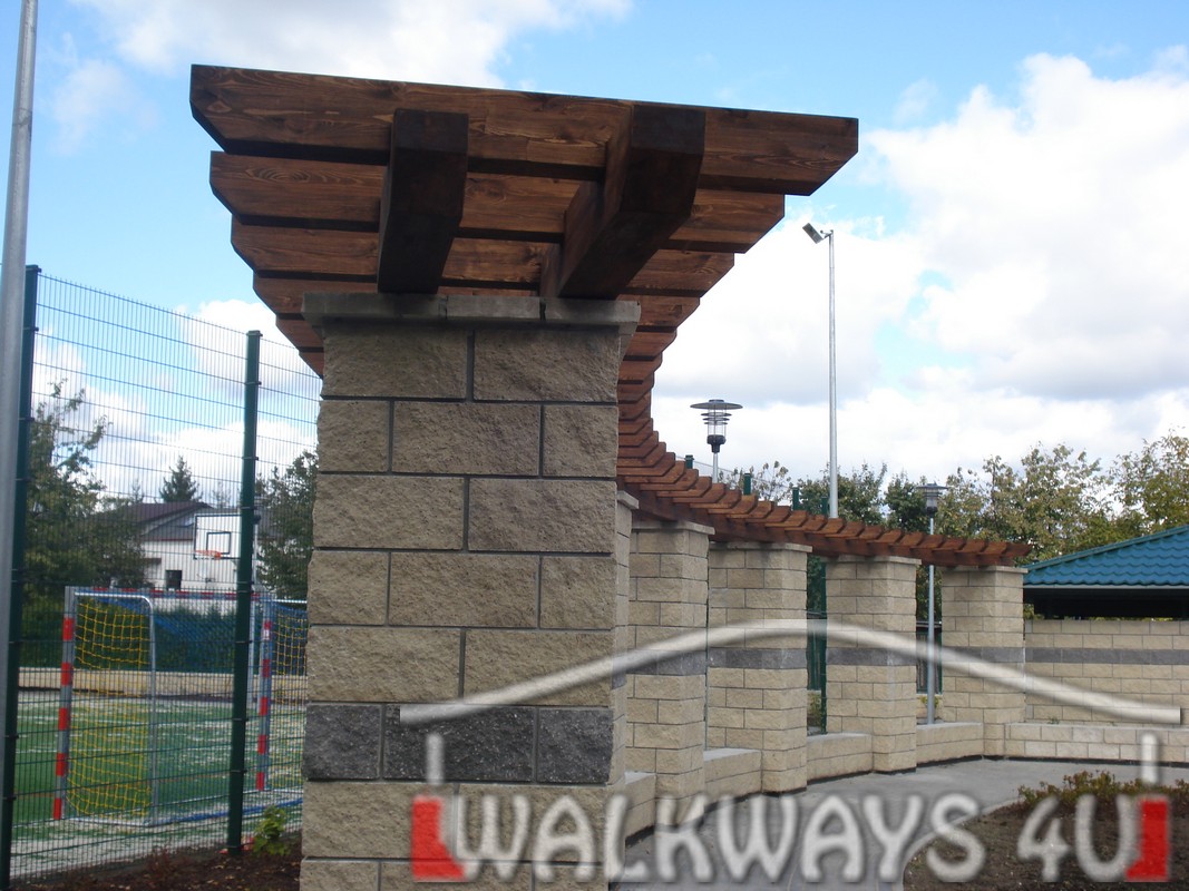 Wooden pergola constructions from laminated wood, covered walkways