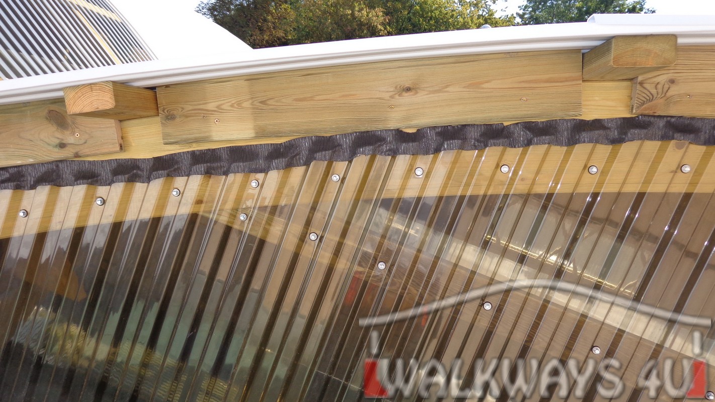 Covered walkways. Custom built commercial buildings. Constructions from laminated wood.