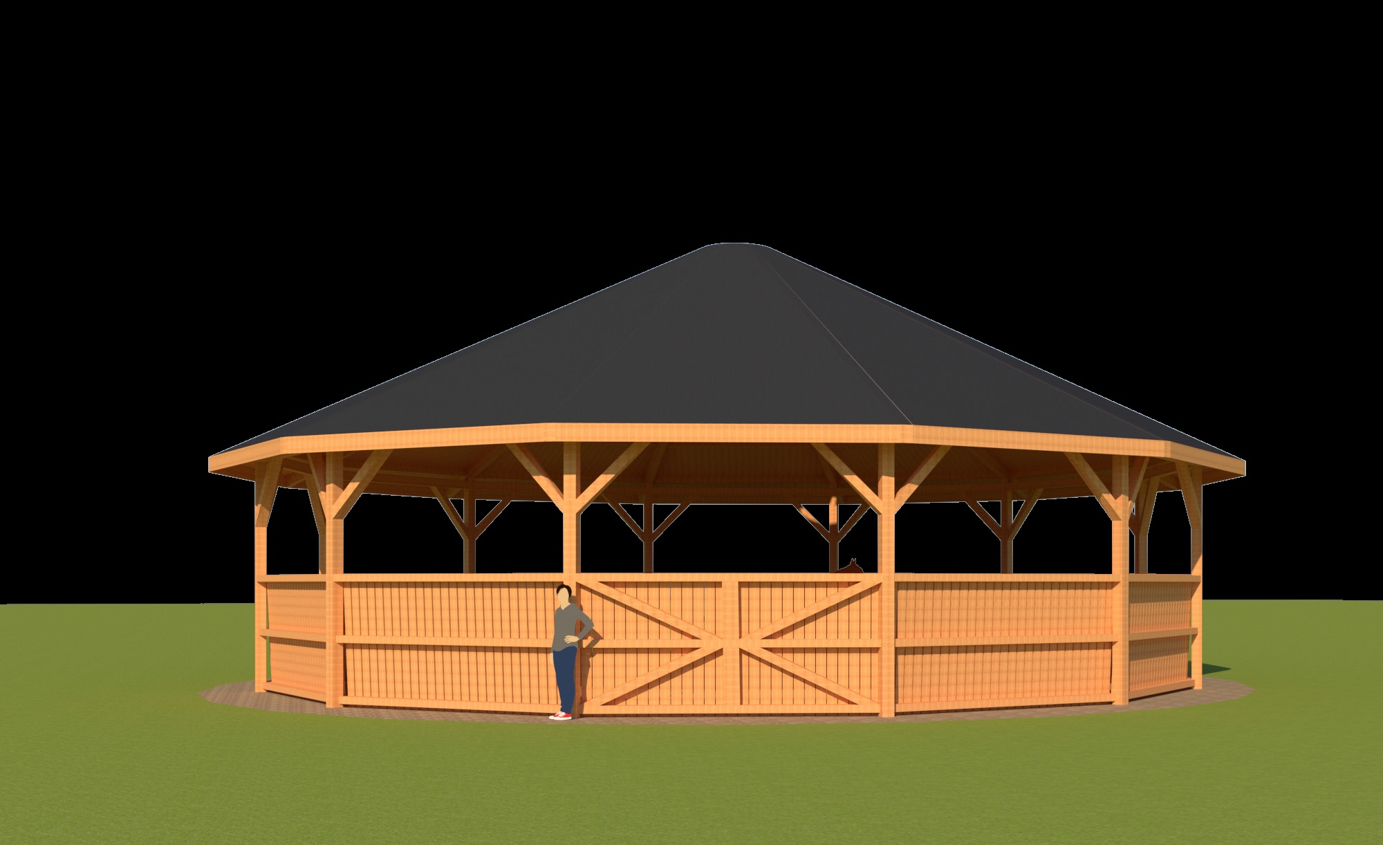 Photo 26. Fully covered lunge pen for lungeing or working horses. The fully covered roof is constructed with laminated wood