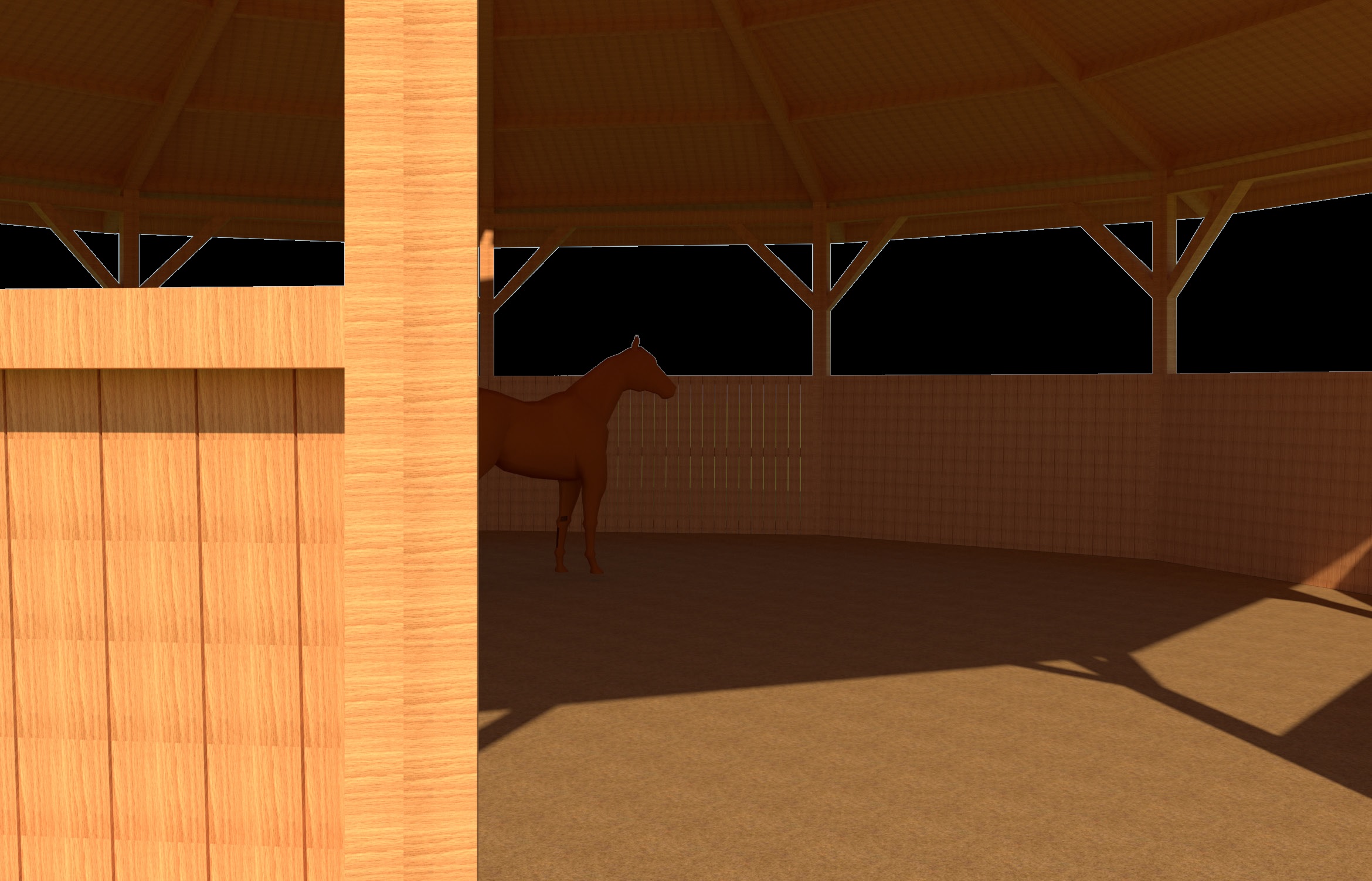 Photo 27. Fully covered lunge pen for lungeing or working horses. The fully covered roof is constructed with laminated wood